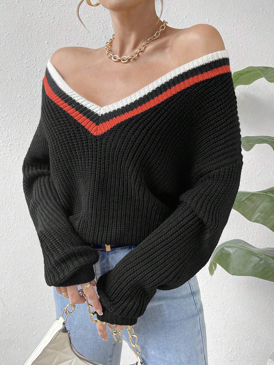 SHEIN Privé 條紋飾邊落肩袖板球毛衣 - 黑色 - 查看 1