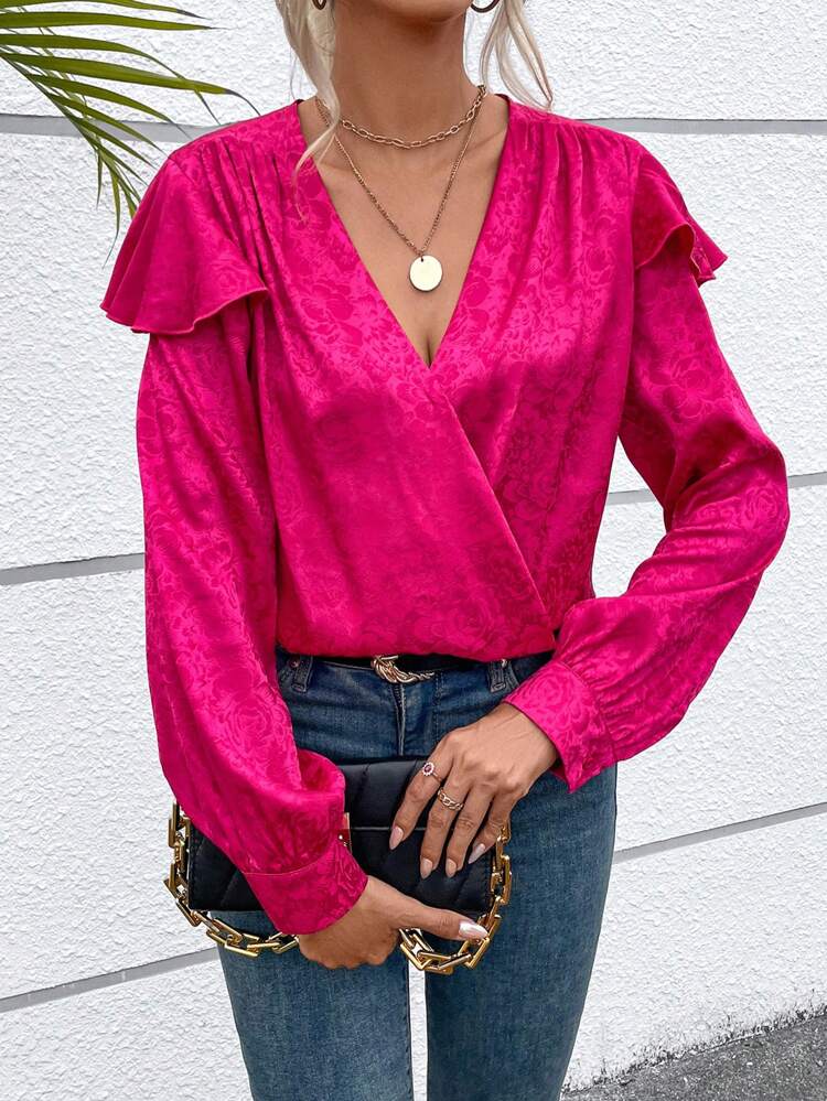 Floral Jacquard Ruffle Trim Surplice Neck Blouse