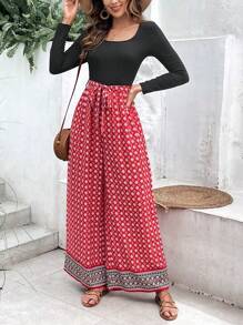 SHEIN VCAY Geo Print Belted Wide Leg Pants - Multicolor - View 4