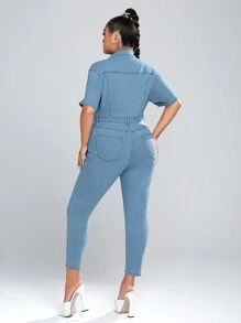 SHEIN ICON 加蓋袋正面鈕扣牛仔連身褲 - 淺色水洗藍 - 查看 2