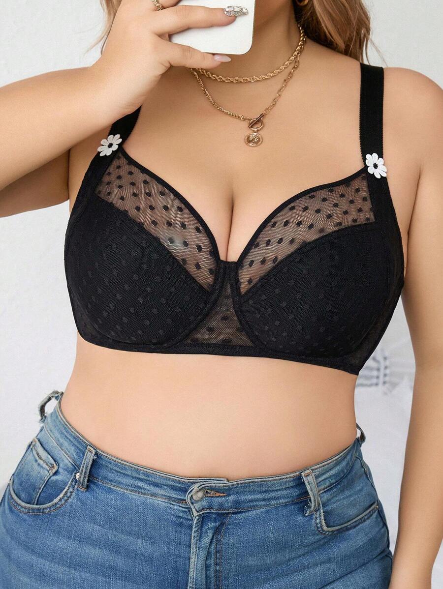 Plus Dobby Mesh Insert Appliques Detail Bra, Lingerie - Black - View 1
