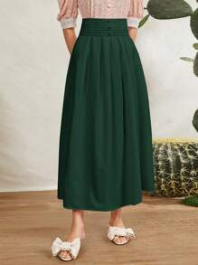 Mulvari Wide Waistband Solid Flared Skirt - Dark Green - View 5