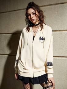 Batman X ROMWE 漫畫人物&字母圖案下垂肩連帽衫 - 杏色 - 查看 3