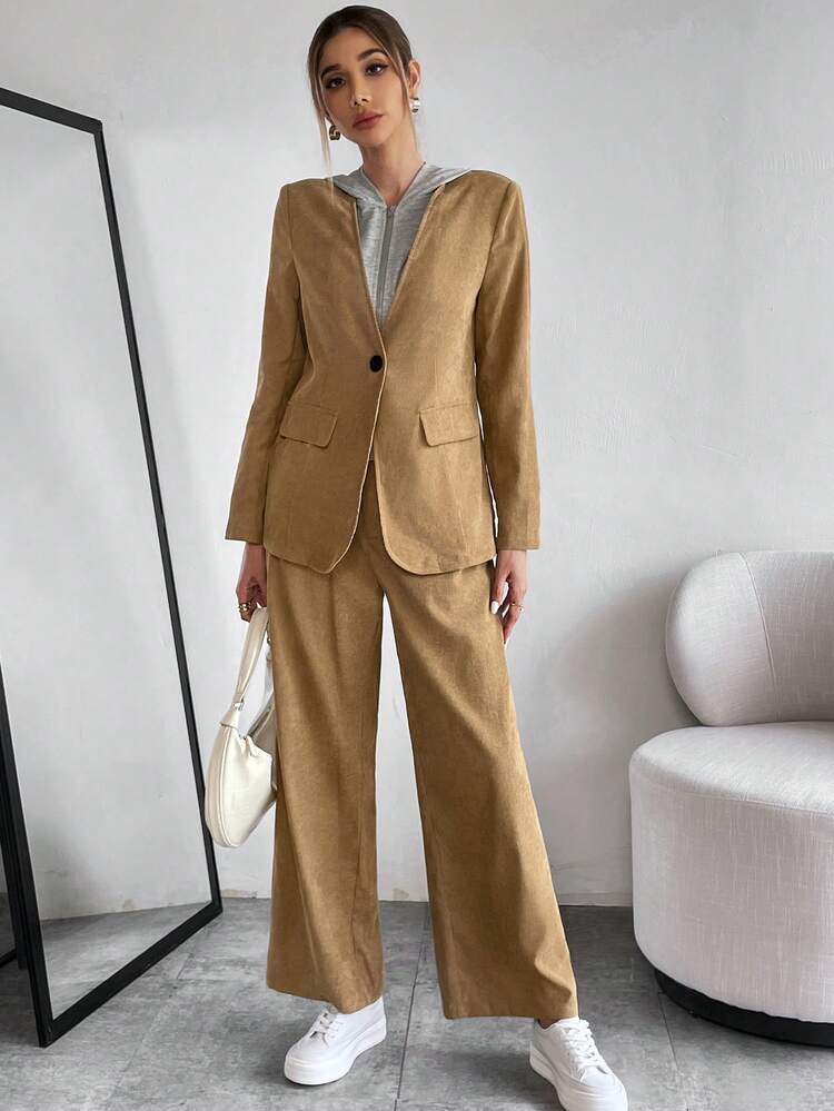 Solid Single Button Blazer & Pants