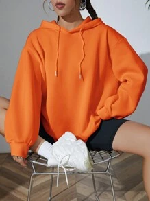 SHEIN EZwear Solid Drawstring Drop Shoulder Hoodie - Burnt Orange - View 3