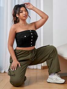 SHEIN EZwear Plus Button Front Tube Denim Top - Black - View 4