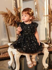 Baby Girl Star Print Ruffle Trim Mesh Overlay Dress - Black - View 6