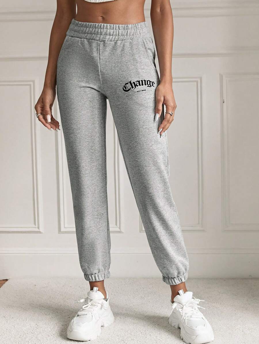 EURMUSE Quần nỉ có dây rút in chữ thường ngày dành cho nữ - Xám - Xem 1