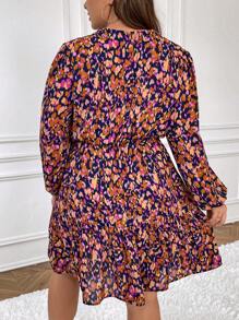 SHEIN Frenchy Plus Allover Print Lantern Sleeve Dress Without Belt - Multicolor - View 2