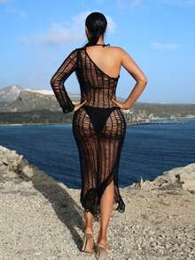 SHEIN SXY One Shoulder Split Thigh Open Knit Sweater Dress Without Lingerie Set - Black - View 2