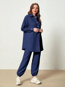 Mulvari Patched Pocket Drop Shoulder Blouse & Pants - Navy Blue - View 4