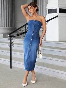 SHEIN Essnce 前鈕扣抹胸牛仔洋裝 - 中等水洗藍 - 查看 3