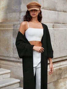 RueChic Solid Open Front Longline Cardigan - Black - View 3