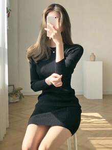 DAZY 纯色罗纹针织毛衣裙，秋季女装