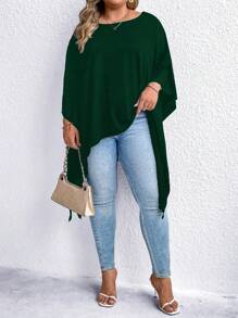 SHEIN LUNE 大碼不對稱下擺T恤 - 墨綠色 - 查看 3