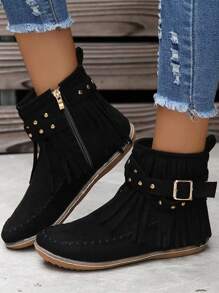 Fall/Winter Women's Round Toe Studded Fringe Side Zipper Flat Fashion Boots - Black - View 1