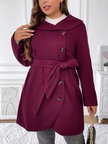 SHEIN Clasi Plus Foldover Collar Asymmetrical Hem Belted Coat - Burgundy - View 4