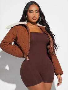 SHEIN SXY 博格领落肩拉链衬垫大衣 - 棕色 - 查看 4