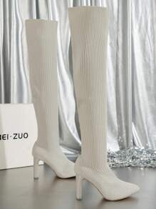 女式針織靴度假季，2023新款過膝靴，女式編織粗跟靴，女式秋冬高跟及膝靴，女式時尚戶外作戰靴，女式時尚靴子，讓您看起來更高更苗條，女式結束萬聖節及膝靴，女式經典女式靴子