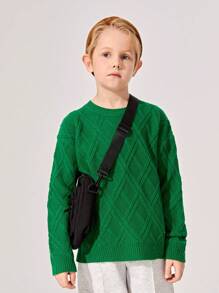 SHEIN Boys' Loose-fit Round Neck Long Sleeve Drop Shoulder Sweater, Casual - Green - View 2