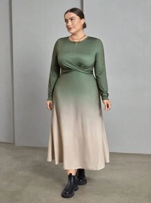 SHEIN Essnce 大碼漸變圖案前扭結A字洋裝 - 綠色 - 查看 6