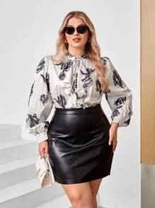 SHEIN Privé 大碼印花繫帶領燈籠袖襯衫 - 白色 - 查看 1