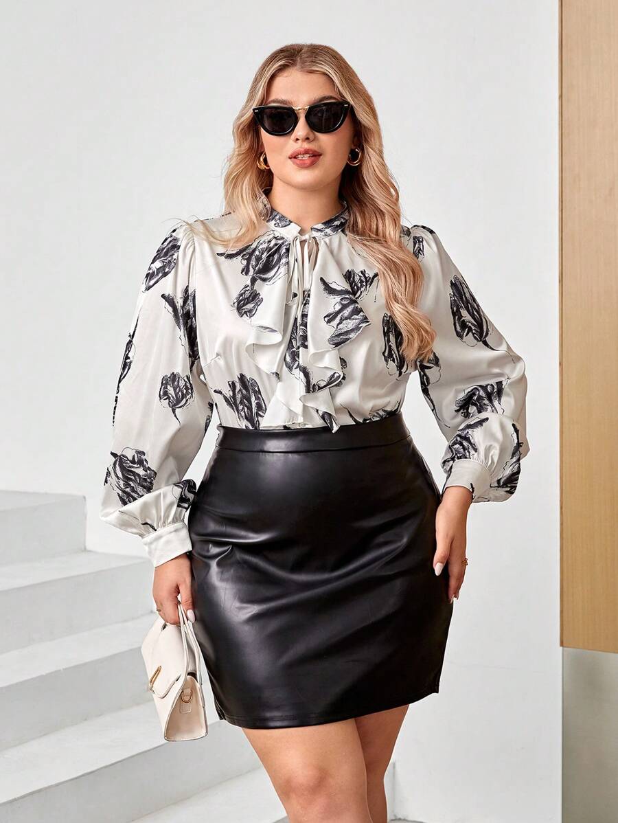 SHEIN Privé 大碼印花繫帶領燈籠袖襯衫 - 白色 - 查看 1