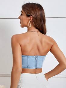 SHEIN Essnce Chất rắn Mùa vụ Ống Tops Denim - Rửa nhẹ - Xem 3