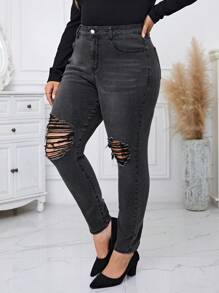 SHEIN Essnce Plus Ripped Skinny Jeans - Black - View 1