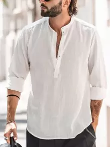 Men Plus Solid Half Button Shirt, Absorbs Sweat - White - View 1