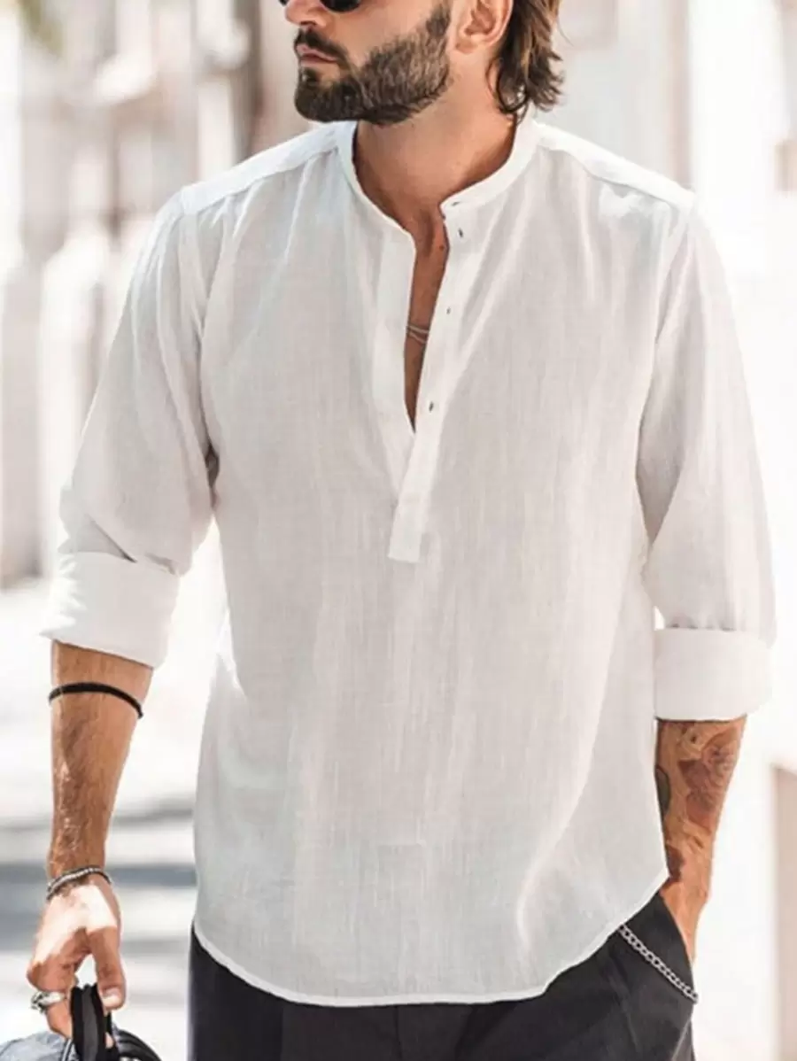 Men Plus Solid Half Button Shirt, Absorbs Sweat - White - View 1