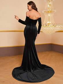 YISIKADO 一字肩水鑽細節魚尾裙下擺舞會洋裝 - 黑色 - 查看 2