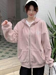 DAZY 字母圖案落肩抽繩連帽夾克 - 粉色 - 查看 3