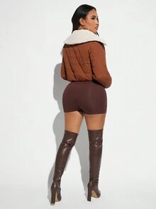 SHEIN SXY 博格领落肩拉链衬垫大衣 - 棕色 - 查看 2