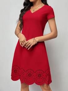 SHEIN Clasi Vestido cortado láser ribete en abanico - Rojo - Ver 4