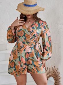 SHEIN VCAY Plus Tropical Print Lantern Sleeve Knot Side Romper - Multicolor - View 1