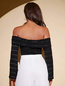 SHEIN Tall Striped Print Off Shoulder Tee - Black - View 2