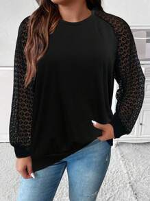 SHEIN Clasi Plus Contrast Lace Raglan Sleeve Sweatshirt Graduation,Back To School,Graduation,Teacher For Women,Back To School Pullover Fall Winter Sweatshirt Autumn - Black - View 3