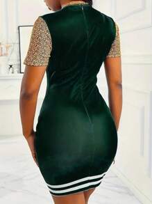 Contrast Paneled Short Sleeve Leopard Print Casual Dress - Green - View 2