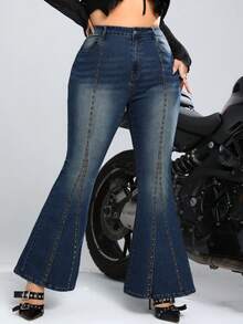 SHEIN EZwear 大碼高腰鉚釘細節牛仔喇叭褲 - 藍色 - 查看 3