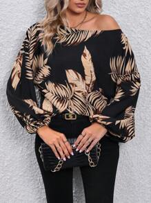 SHEIN LUNE Tropical Print Asymmetrical Neck Lantern Sleeve Blouse - Black - View 3