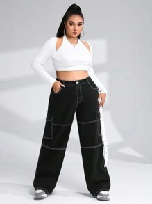 SHEIN ICON 加上明線有蓋口袋側工裝牛仔褲 - 黑色 - 查看 5