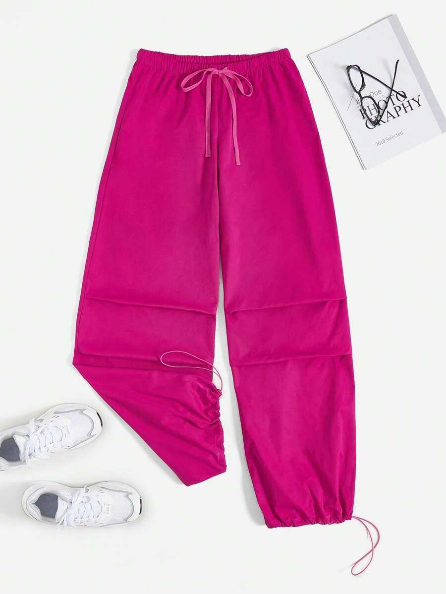 SHEIN Coolane Drawstring Waist Wide Leg Pants - Hot Pink - View 1