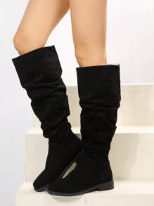 歐美風大碼女式秋冬時尚休閒平底及膝靴 - 黑色 - 查看 2