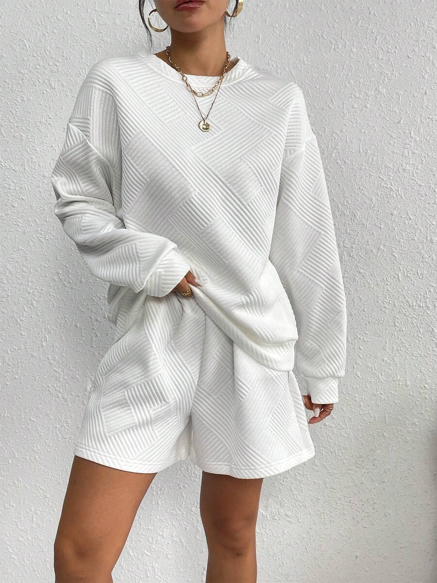 Drop Shoulder Sweatshirt & Shorts - White - View 1