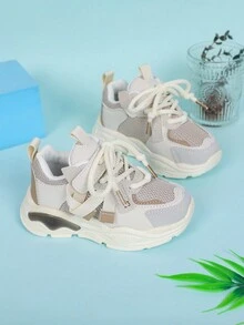 鞋帶、魔術貼固定,編織裝飾,拼接色塊粗底運動鞋,校園風格 - 棕色 - 查看 7