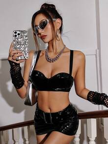 SHEIN ICON 素色露背PU皮革吊帶上衣 - 黑色 - 查看 2