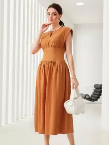 Mulvari Vestido línea A de manga casquillo unicolor - Naranja Coral - Ver 5