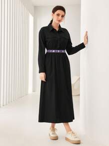 Seusyu Flap Detail Button Front Tape Shirt Dress - Black - View 2