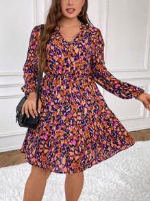 SHEIN Frenchy Plus Allover Print Lantern Sleeve Dress Without Belt - Multicolor - View 3